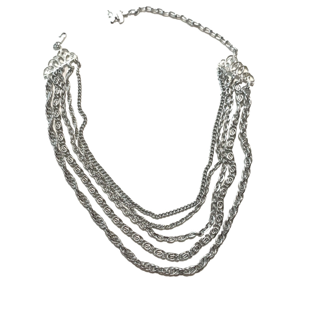 Vintage W Germany 5 Strand Silver Tone Chain Necklace Figural Dancer Charm 18"